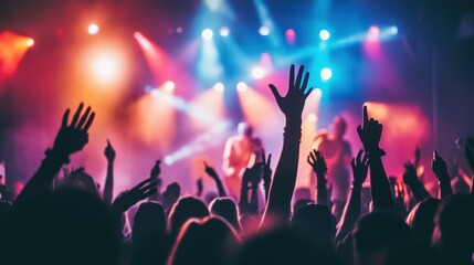 A lively concert party with a crowd dancing under colorful stage lights, hands in the air, with the lead singer engaging with the audience Close-up photo with clean background