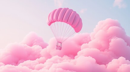 Obraz premium A Box flying on a parachute with pink cloud,vector illustration of package flying down from sky and cloud with parachute, concept for delivery service,shopping online,air delivery service.