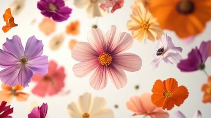 Obraz premium A mix of vibrant flowers floating through the air, each petal distinct and vivid, with a soft, neutral background highlighting their colors Close-up photo with clean background
