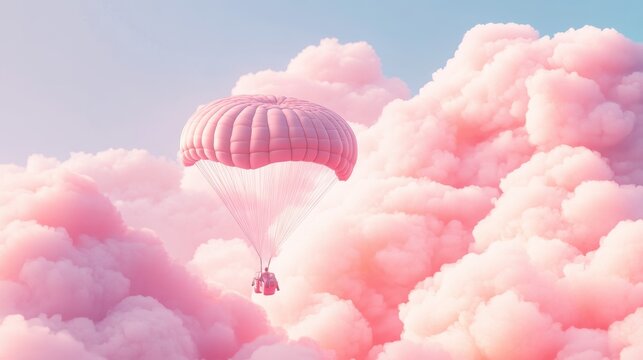 A Box flying on a parachute with pink cloud,vector illustration of package flying down from sky and cloud with parachute, concept for delivery service,shopping online,air delivery service.