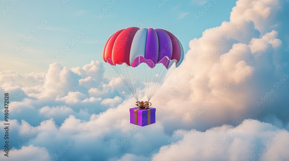 Canvas Prints A Box flying on a parachute with pink cloud,vector illustration of package flying down from sky and cloud with parachute, concept for delivery service,shopping online,air delivery service.