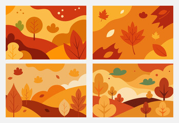 Autumn park background set with border. Template for banners of fall tress with red leaves with border. Sunny forest. Vector hand drawn flat illustration.