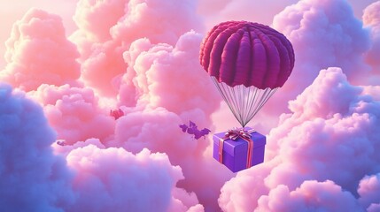 Fototapeta premium A Box flying on a parachute with pink cloud,vector illustration of package flying down from sky and cloud with parachute, concept for delivery service,shopping online,air delivery service.