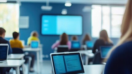 Fototapeta premium A modern classroom with students using laptops and tablets for learning, digital whiteboards displaying interactive content,