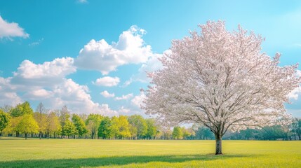Fototapeta premium A peaceful park scene featuring a wide-open grassy field, a beautiful flowering tree in full bloom, and a clear blue sky, perfect for a summer day Close-up photo with clean background