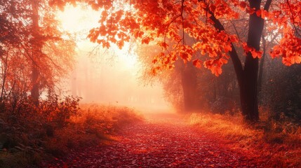 Fototapeta premium Colorful autumn Park with pathway,red and yellow maple trees and blue sky,Autumn forest path,Lawn in autumn city park in Sunny day,Trees with yellow leaves in park,Natural Wallpaper.