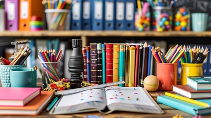 Organized teacher's desk featuring a variety of school supplies, including a ruler, sticky notes, and an open textbook, isolated on a white background for educational themes.