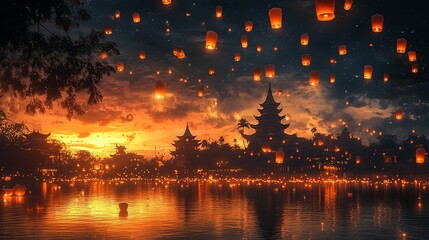 Silhouetted Pagoda with Hundreds of Floating Lanterns at Dusk