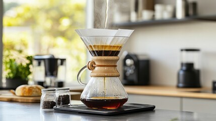 A pour-over coffee setup with hot water being poured over a filter, capturing the brewing process and fresh aroma in a modern kitchen Close-up photo with clean background