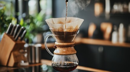 A pour-over coffee setup with hot water being poured over a filter, capturing the brewing process and fresh aroma in a modern kitchen Close-up photo with clean background