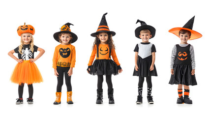 A little kid wearing a Halloween outfit, excited for the night’s festivities. Child dressed up in a playful Halloween costume, ready for trick-or-treating.