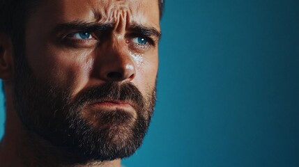 Man crying face with tears isolated on a blue background. Drama, depression concept