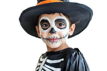 A little kid wearing a Halloween outfit, excited for the night’s festivities. Child dressed up in a playful Halloween costume, ready for trick-or-treating.