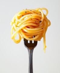 Close-up shot of a fork with a perfectly twirled strand of spaghetti, coated in a rich olive oil and garlic