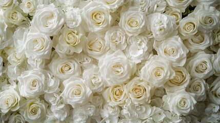 White rose floral backdrop for weddings, featuring a wall of white roses