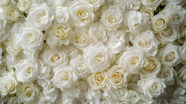 White rose floral backdrop for weddings, featuring a wall of white roses