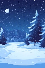 Winter night landscape featuring tall pines and falling snowflakes over a serene town under a bright moon