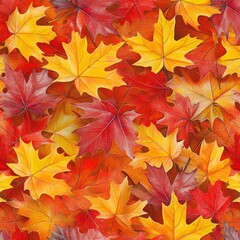 Fototapeta premium Seamless pattern background of vibrant autumn leaves in shades of orange, red, and yellow