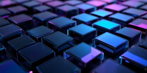 Fototapeta premium 3D render, an abstract geometric cubs background with neon blue and purple lights shining on the wall blocks