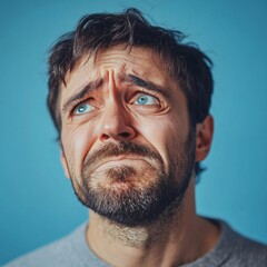 Obraz premium Man crying face with tears isolated on a blue background. Drama, depression concept