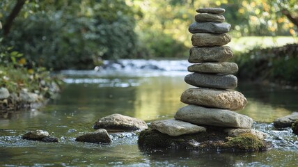 Zen stone tower balanced by a tranquil river,  - ai