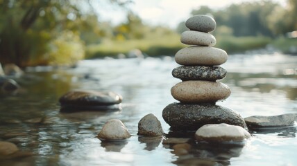 Zen stone tower balanced by a tranquil river,  - ai