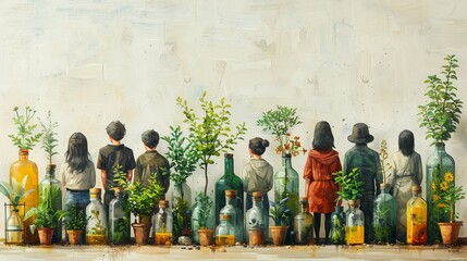 Naklejka premium Illustrations of people practicing mindful consumption by buying secondhand goods, upcycling materials, and supporting circular economy initiatives to reduce waste