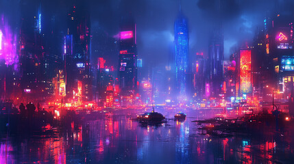 A vibrant cityscape at night, showcasing futuristic skyscrapers illuminated by neon lights reflecting on water.