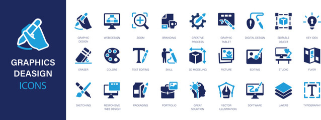 Graphic design flat icons set. Design, creativity, draw, stationary, illustration, portfolio, software, website icons and more signs. Flat icon collection.