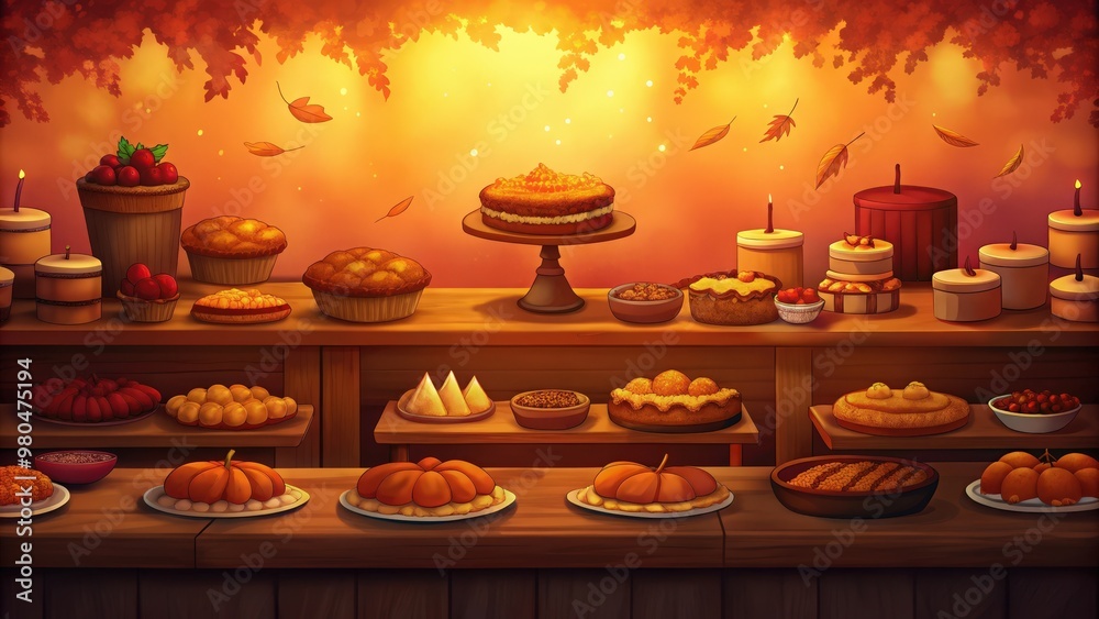 Wall mural autumnal feast displayed on wooden shelves with candles and falling leaves