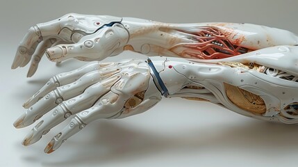 Paint a scene of a self-healing prosthetic limb, where minor damage to the outer shell is repaired automatically, ensuring optimal