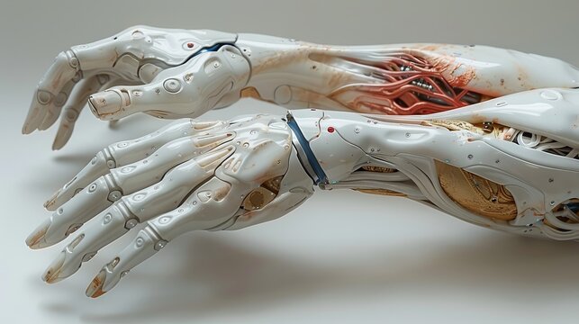 Paint a scene of a self-healing prosthetic limb, where minor damage to the outer shell is repaired automatically, ensuring optimal