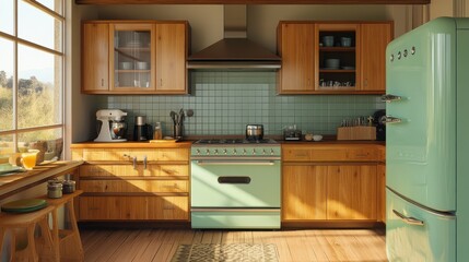 Fototapeta premium Vintage Avocado Green Kitchen with Wooden Cabinets for Retro Home Decor Vibes