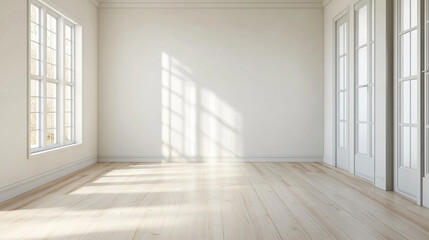 Fototapeta premium 3d render of modern empty room with wooden floor and large white plain wall. large luxury modern bright interiors room illustration 3D rendering.
