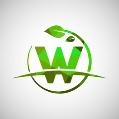 English alphabet W with circle leaf and swoosh. Eco-friendly logo concept. Low poly logo for ecological business and company identity