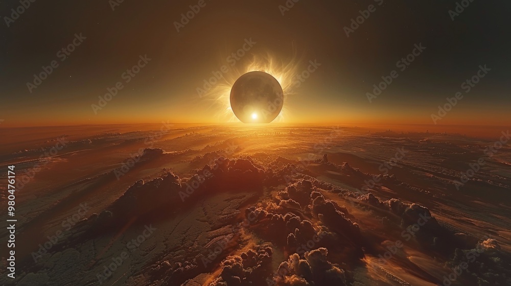 Wall mural A captivating moment captured from the airplane window as passengers marvel at the solar eclipse, with the moons shadow sweeping