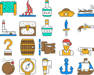 Pirate Sea Robber Collection Icons Set Vector. Pirate Ship Floating In Ocean And Flag, Hat And Compass, Weapon And Saber, Treasure Chest And Drink Barrel color Contour Illustrations
