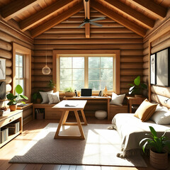 Elevation rendering of a Z-shaped study table with built-in wall seating in a simple cabin bedroom