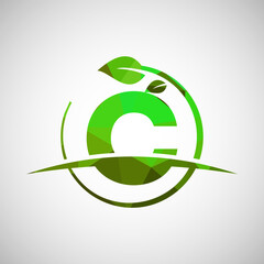 English alphabet C with circle leaf and swoosh. Eco-friendly logo concept. Low poly logo for ecological business and company identity