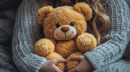 Close-Up of a Child's Hand Holding a Teddy Bear, Highlighting the Plush Toy's Warm Tones and Soft Textures, with a Cozy Atmosphere and Shallow Depth of Field

