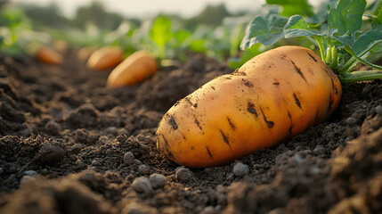 A close-up of a freshly harvested carrot in a field, with other carrots visible in the background.