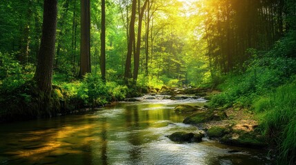 Obraz premium A vibrant forest with lush green trees and a clear river, depicting the harmony of nature, with the sunlight filtering through the leaves highlighting the importance of preserving natural habitats
