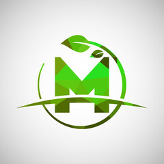 English alphabet M with circle leaf and swoosh. Eco-friendly logo concept. Low poly logo for ecological business and company identity