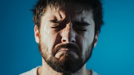 Fototapeta premium Sad man crying with tears in eye on blue background. Teardrop on face. Drama, depression concept