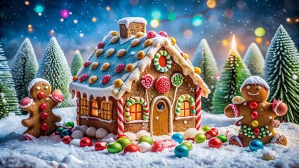 Fototapeta premium Delightful festive scene featuring a intricately decorated gingerbread house adorned with icing, candies, and gumdrops amidst a snowy winter wonderland background.