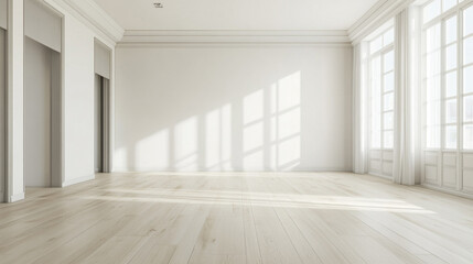 Fototapeta premium Interior empty room 3D rendering, Empty minimalist living room with large window.