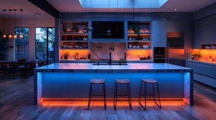 Transform your kitchen into a cozy entertainment hub at night with a wall-mounted TV and LED strips illuminating the island