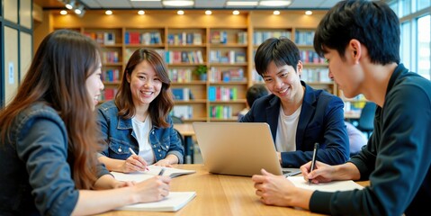 Collaborative Group of Asian Students Studying and Sharing Ideas in College Library