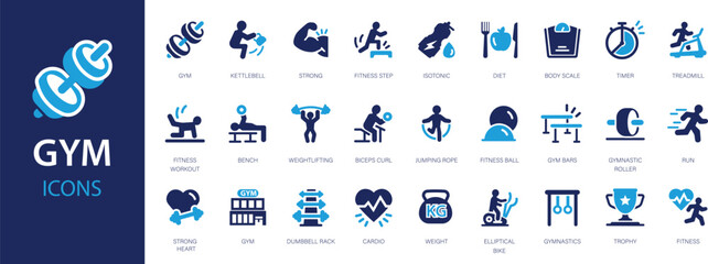 Gym flat icons set. Fitness, training, barbell, kettlebell, muscles, healthy body, cardio training icons and more signs. Flat icon collection.