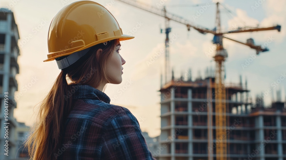 Wall mural a young female engineer wearing a hard hat, inspecting a building under construction, with cranes in